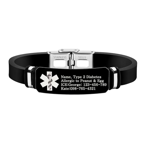 Uloveido Schwarzes Silikon-Medizinarmband für Damen mit Äskulapstab-Symbol – Sicherer Sitz, Mehrfarbiges Notfallarmband mit Gravur YS6035 Uloveido Schwarzes Silikon-Medizinarmband für Damen mit Äskulapstab-Symbol – Sicherer Sitz, Mehrfarbiges Notfallarmband mit Gravur YS6035 von Uloveido