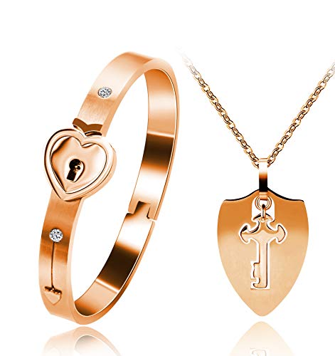 Uloveido Shield Key Halskette und Heart Lock Armband für Paare Schmuck Set Sie halten den Schlüssel zu meinem Herzen Rose Gold Farbe Armband Halskette Set für Männer und Frauen Y473 von Uloveido