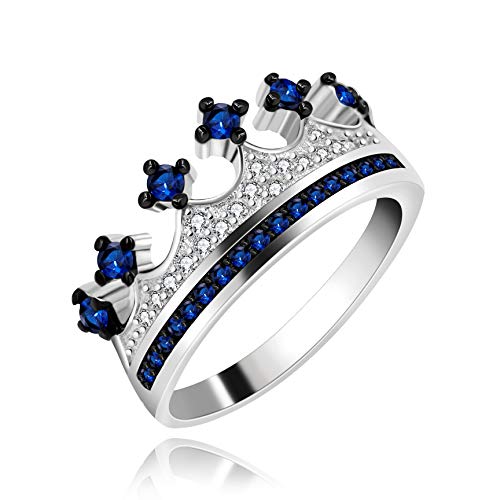 Uloveido Silber Farbe Blau Cubic Zirkonia Prinzessin Krone Tiara CZ Band Ring Hochzeitsversprechen für Brautjungfer von Uloveido