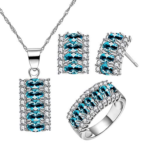 Uloveido Silber Farbe Kristall Halskette Ohrstecker und Ehering Ring Set Zirkon Kostüm Schmuck Set für Frauen Mädchen T502 (Hellblau, Größe 59) von Uloveido