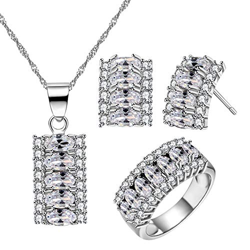Uloveido Silber Farbe Kristall Halskette Ohrstecker und Ehering Ring Set Zirkon Kostüm Schmuck Set für Frauen Mädchen T502 (Weiß, Größe 59) von Uloveido