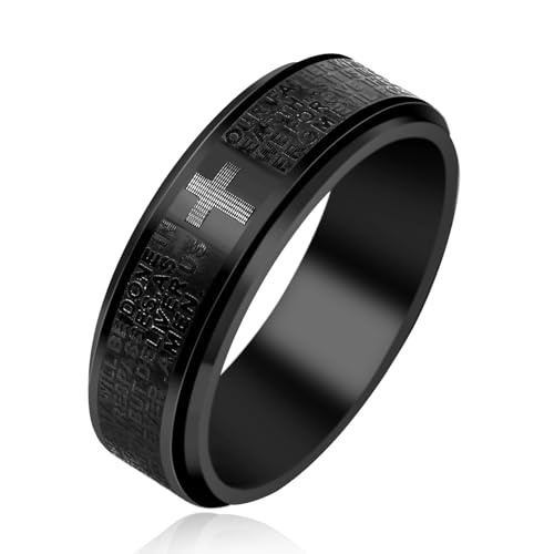 Uloveido Spinnerring für Herren, mit Bibelvers "Our Father Deliver Us From The Evil", 8 mm breit, schwarzer Titanstahl, Fidget-Band für Christen, Y(circ.67.2 mm), Metall, Kein Edelstein von Uloveido