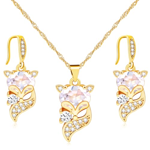 Uloveido Süßes Goldherz / Goldfisch / Fuchs Halskette und baumelnde Ohrringe Set mit funkelnden Zirkonia, schöner Partyschmuck für Sie, Kupfer, Zirkonia von Uloveido