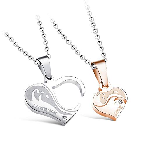 Uloveido Titanium Edelstahl Herren Damen Paare Halskette Anhänger eingraviert Love You - 2 Stück Seine und Ihre Liebe Herz Puzzle Passende Kugelkette Halsketten Schmuck-Set SN922 (Weiß und Gold) von Uloveido
