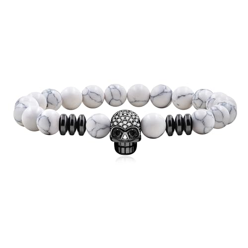 Uloveido Totenkopf-Armband – natürliche schwarze weiße Steinperlen, verstellbar, elastisch, Punk, Gothic-Stil, Skelett-Armbänder für Männer, Frauen, Ehemann, Freund, Gebetsschutz, Armband Y4240, von Uloveido