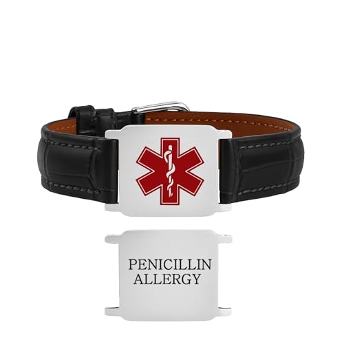 Uloveido Unisex Schwarzes Leder Medizinisches ID-Armband mit Verstellbarer Schnalle – Edelstahl Gravur Notfall Identifikationsschmuck Y6041 von Uloveido