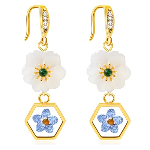 Uloveido Vergoldete Senfsamen-Blumen-Ohrringe, baumelnd, schöne gepresste Blume, Senfsamen-Schmuck, Medium, Zirkonia, Zirkonia von Uloveido