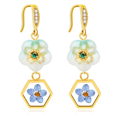 Uloveido Vergoldete Senfsamen-Blumen-Ohrringe, baumelnd, schöne gepresste Blume, Senfsamen-Schmuck, Medium, Zirkonia, Zirkonia von Uloveido