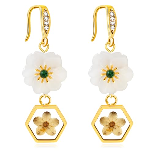 Uloveido Vergoldete Senfsamen-Blumen-Ohrringe, baumelnd, schöne gepresste Blume, Senfsamen-Schmuck, Medium, Zirkonia, Zirkonia von Uloveido