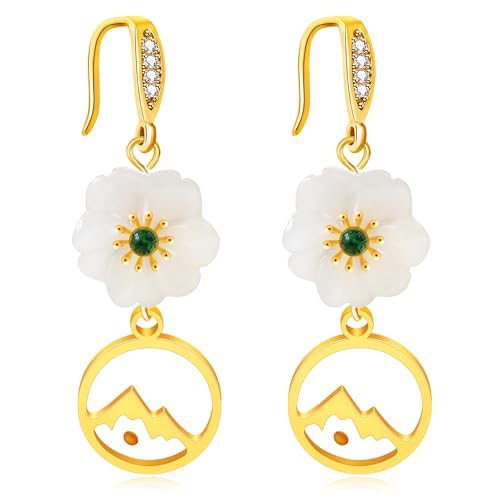 Uloveido Vergoldete Senfsamen-Jasmin-Blumen-Ohrringe, baumelndes Tropfen-Set, zierliches christliches Geschenk, Senfsamen-Schmuck für Damen, Medium, Zirkonia, Zirkonia von Uloveido