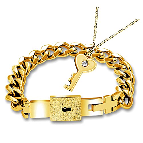 Uloveido Vergoldetes Edelstahlschloss Armband und Schlüsselanhänger Halskette Paare Schmuckset für Damen und Herren Y808 (Gold) von Uloveido