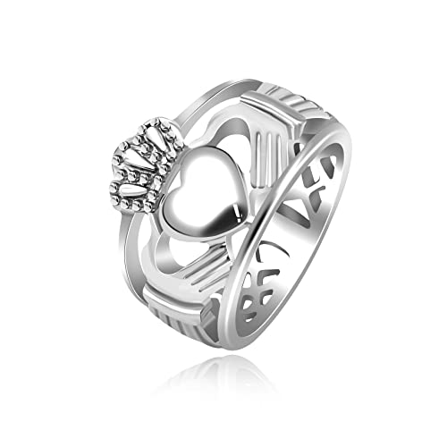 Uloveido Y1729 Freundschaftsring mit Weißgold vergoldet, Handherz, Liebeskrone, irischer Claddagh-Ring für Damen und Herren, Edelstahl, Kein edelstein von Uloveido