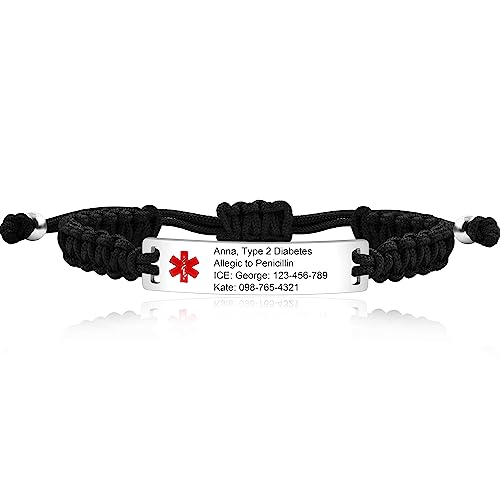 Uloveido Y3944-UK Medizinisches Notfall-ID-Armband, lasergraviert, Epilepsie, verstellbares Armband für Männer und Frauen, Notfall, Erste Hilfe, handgefertigt, geflochten, Gesundheitswarnung, von Uloveido