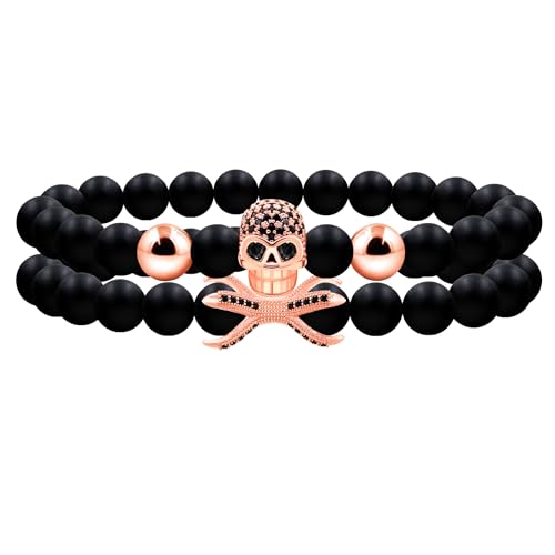 Uloveido Y4723 Armband im Gothic-Punk-Stil, schwarzer Totenkopf, geschichtetes Armband für Männer und Frauen, handgefertigt, schwarzer Achat, Stretch, Totenkopf-Schicht-Armbänder für Damen, Mädchen, von Uloveido