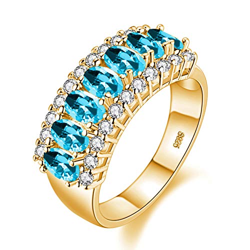 Uloveido Zierlicher Ring mit 7 Steinen, Geburtsstein, ovaler Schnitt, blauer Kristall, Hochzeitsring, Jahrestag, Party, Abschlussball, Ring für Frauen und Mädchen, J501 (Hellblau, Größe 9) von Uloveido