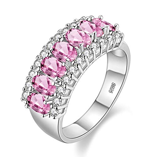 Uloveido Zierlicher Ring mit 7 Steinen, Geburtsstein-Ring, ovaler Schnitt, rosa Kristall, Hochzeitsring, Jahrestag, Party, Abschlussball, Ring für Frauen J501 (Platin, Pink, Größe 9) von Uloveido