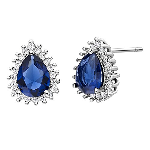 Uloveido Zirkonia Weißes Gold Überzogen Teardrop Birne Kristall Form Hochzeit Braut Ohrstecker für Frauen Birthstone Ohrringe R815 (dunkelblau) von Uloveido
