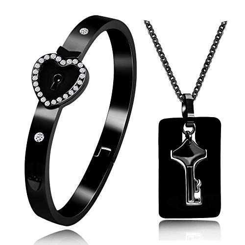 Uloveido frauen männer paar schmuck set schlüssel halskette herz schloss zirkonia armband für mädchen jungen Y474 (Schwarz) von Uloveido