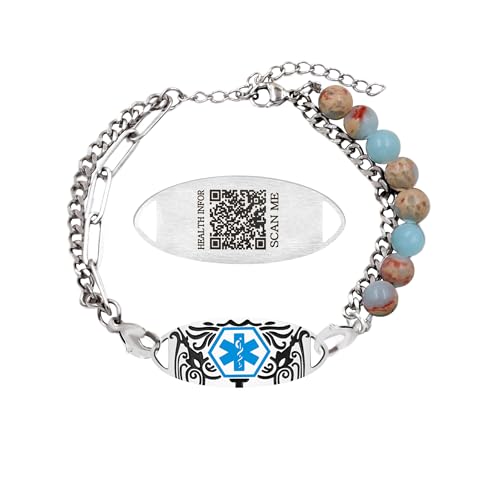 Uloveido maßgeschneiderte QR-Code graviert medizinisches Armband für Frauen, Perle und Kette Link Design, Herzzustand Alarm mit Shoushan Stein, verstellbare Doppelschicht YA5493 von Uloveido