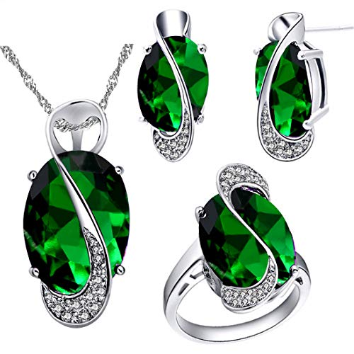 Uloveido weibliche große ovale grüne Kristall Halskette Charm Choker Halskette und Ohrstecker Ringe Brautjungfer Schmuck Set für Frauen T472 von Uloveido