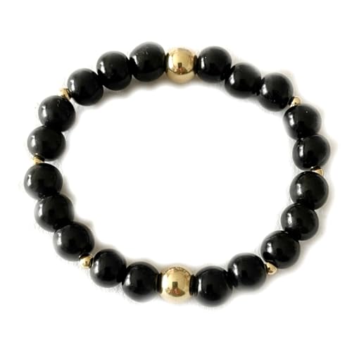 Gagat Jett schwarz Edelstein Armband mit Gold Kugeln (Echtsilber vergoldet) von Ulrike Schmitt Edelsteinkreationen
