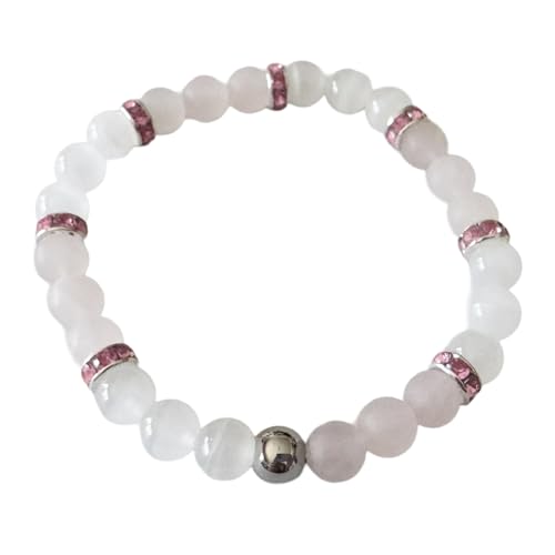 Ulrike Schmitt Edelsteinkreationen Rosenquarz rosa Selenit weiß Strass Edelstein Stretch Armband Längen Wahl von Ulrike Schmitt Edelsteinkreationen