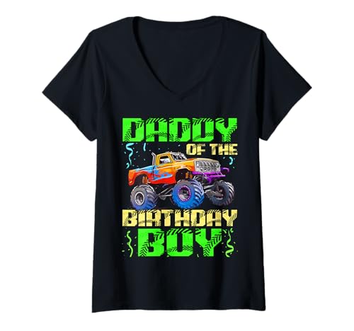 Damen Geburtstagsfeier zum Geburtstag von Daddy of The Birthday Boy im Monster Truck T-Shirt mit V-Ausschnitt von Ultimate Birthday Celebrations Boy Monster Truck