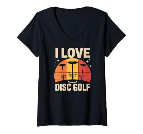 Damen I Love Disc Golf Retro Vintage Sonne Muster T-Shirt mit V-Ausschnitt Damen I Love Disc Golf Retro Vintage Sonne Muster T-Shirt mit V-Ausschnitt von Ultimate Frisbee Enthusiasts Fun Designs