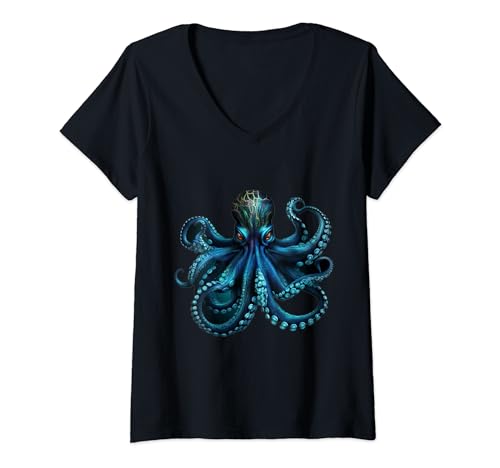 Damen Oktopus Shirt Fun Kopffüßer Meerestiere Kraken Octopus T-Shirt mit V-Ausschnitt von Ultimate Kraken Octopus Apparel
