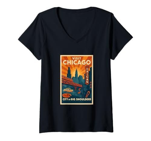 Damen Chicago – Vintage Reiseposter Stil T-Shirt mit V-Ausschnitt Damen Chicago – Vintage Reiseposter Stil T-Shirt mit V-Ausschnitt von Ultimate Travel Apparel and Design Cooperative