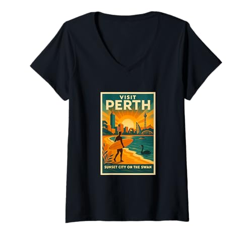 Damen Perth Australia – Vintage-Reiseposter T-Shirt mit V-Ausschnitt von Ultimate Travel Apparel and Design Cooperative