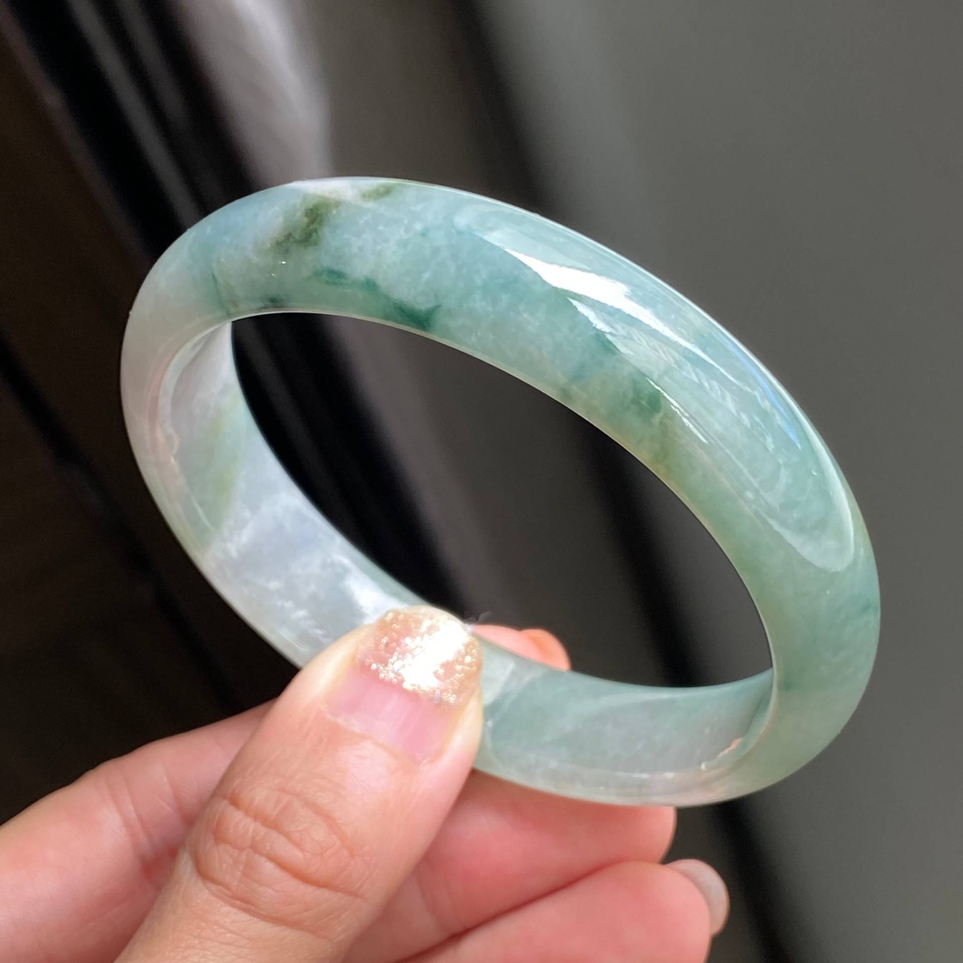 58, 81mm Jade Armreif Bläulich Grün Floral Muster Tricolor Grade A Jadeit Burmese Mb3L6L5 von UltimateJadeite