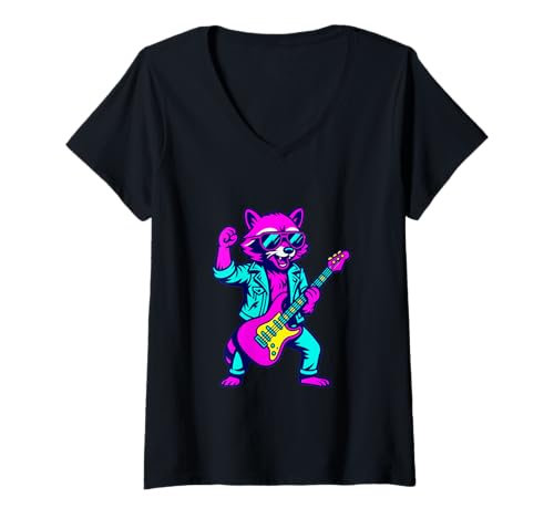 Damen Retro Synthwave Waschbär Rocker Artwork Grellbunt Achtziger T-Shirt mit V-Ausschnitt Damen Retro Synthwave Waschbär Rocker Artwork Grellbunt Achtziger T-Shirt mit V-Ausschnitt von Ultra Clean Vector Waschbaer Rocker Synthwave FX