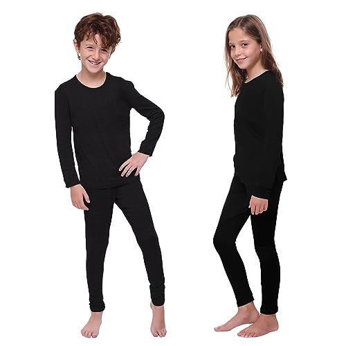 Thermounterwäsche Kinder – Leichtes Ultraweiches Fleece auf der Innenseite Ski Unterwäsche Oberteil und Lange Unterhose Winter Fleece Children Thermal Underwear Set- Shirt and Leggings - Black XXL von Ultra Dry