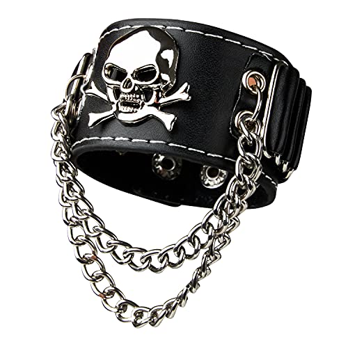 UltraByEasyPeasyStore Einzelner Totenkopf und 2 Ketten mit Schnallen Armband Leder Goth Steampunk Stil Armbänder Gothic Punk Cyber Emo Damen Herren Erwachsene Biker Rock Zubehör Manschette von UltraByEasyPeasyStore