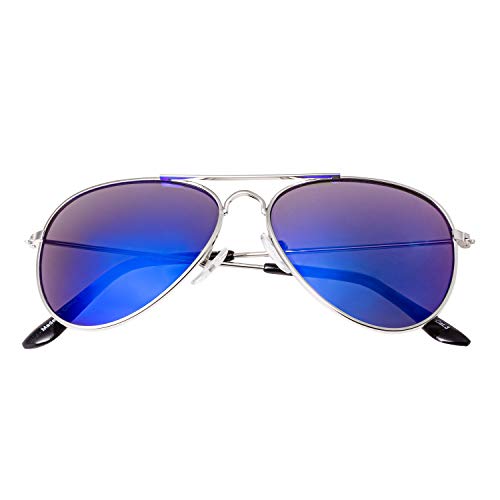 Ultra Silber mit Blau Verspiegelten Gläsern Kinder Pilot Sonnenbrille Jungen Mädchen Klassische Metall UV400 Schutz Brillen Schatten Unisex von UltraByEasyPeasyStore