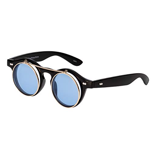 Ultra Schwarz Rahmen Aqua Blu Linsen Flip Up Ronde Steampunk Sonnenbrille Retro Frau Mann UV400 UVA Vintage Victorian Kreis Retro Sonnenbrille Steampunk Brille Sonnenbrille zum Hochklappen von UltraByEasyPeasyStore