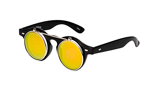 Ultra Schwarz Rahmen Gold Linsen Flip Up Ronde Steampunk Sonnenbrille Retro Frau Mann UV400 UVA Vintage Victorian Kreis Retro Sonnenbrille Steampunk Brille Sonnenbrille zum Hochklappen von UltraByEasyPeasyStore