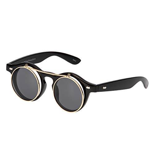 Ultra Schwarz mit Schwarzen Gläsern Flip Up Ronde Steampunk Sonnenbrille Retro Frau Mann UV400 UVA Vintage Victorian Kreis Retro Sonnenbrille Steampunk Brille Sonnenbrille zum Hochklappen von UltraByEasyPeasyStore