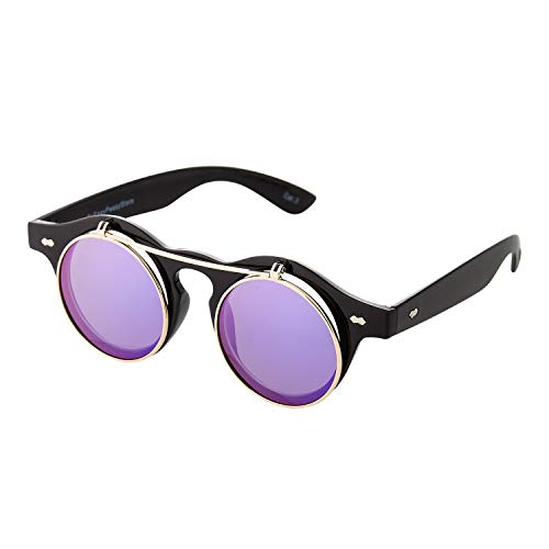 Ultra Schwarz mit Violetten Gläsern Flip Up Ronde Steampunk Sonnenbrille Retro Frau Mann UV400 UVA Vintage Victorian Kreis Retro Sonnenbrille Steampunk Brille Sonnenbrille zum Hochklappen von UltraByEasyPeasyStore