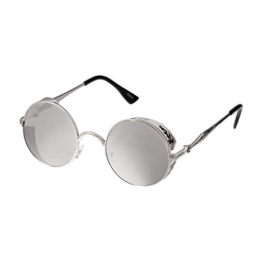 Ultra Silber Verspiegelt Steampunk Sonnenbrille Retro Damen Herren Rund Rave Gothic Vintage Victorian Kupfer UV400 Schutz Metall Unisex von UltraByEasyPeasyStore