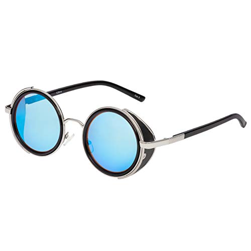 UltraByEasyPeasyStore Silber mit Blau Linsen Steampunk Sonnenbrille Retro Damen Herren Metall Rund Rave Gothic Vintage mit Scheuklappen UV400 Unisex von UltraByEasyPeasyStore