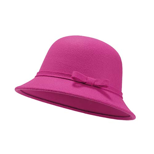 UltraKey Damen Filz Eimer Hut, verstellbare Vintage Bowler Wildleder Wollmütze mit Schleife Rosa von UltraKey