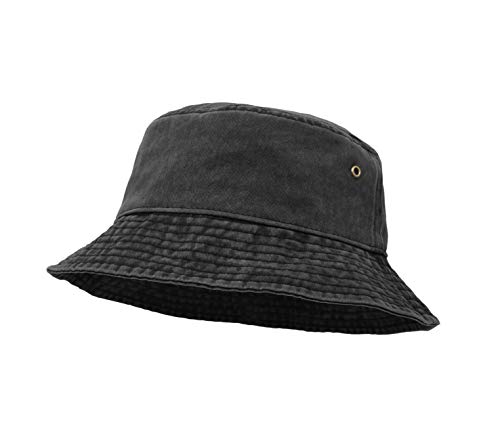 Eimer Hut, Breite Krempe Washed Denim Baumwolle Outdoor Sonnenhut Flat Top Cap zum Angeln Wandern Strandsport Schwarz von UltraKey