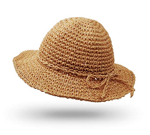 UltraKey Strohhut, handgemachte Strandmütze mit breiter Krempe Faltbare Outdoor-Sonnenhut-Strand-Kopfbedeckung für Erwachsene Kinder Mann Frauen Kind Khaki von UltraKey