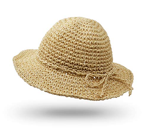 UltraKey Strohhut, handgemachte Strandmütze mit breiter Krempe Faltbare Outdoor-Sonnenhut-Strand-Kopfbedeckung für Erwachsene Kinder Mann Frauen Kind beige von UltraKey