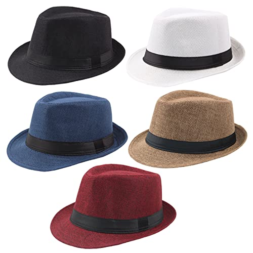 Ultrafun 5 Stück kurze Krempe Fedora klassischer Sommer Strand Sonnenhut Panama Cap für Männer Frauen, 5er-Pack - Schwarz + Weiß + Khaki + Blau + Weinrot, large von Ultrafun