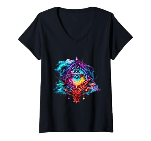 Damen Visionärer Baum Psychedelic Art Top mit Drittes Auge Bilder T-Shirt mit V-Ausschnitt von Ultraviolet Psychedelic Renaissance Cosmic Tree
