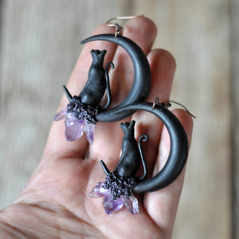 Schwarze Katzen Ohrringe, Schwarze Monde Halbmond Monde, Sailor Handgemachter Schmuck Aus Polymer Clay von UmayDesign