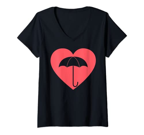 Damen Regenschirm mit Herzmotiv, Rosa T-Shirt mit V-Ausschnitt von Umbrella Heart
